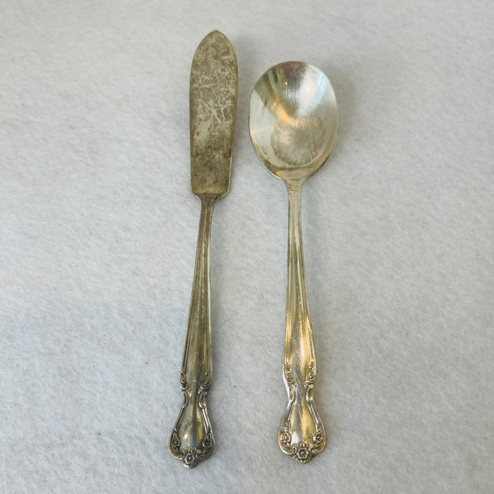 Rogers IS Silver Plate Master Butter Knife and Sugar Spoon Floral Scroll 2pc Set